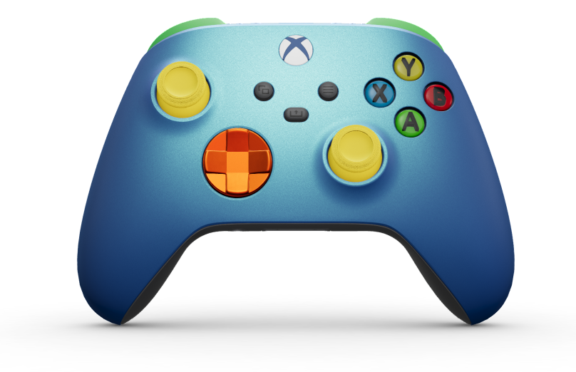 Xbox Wireless Controller - 몸체: Aqua Shift, 방향 패드: 제스트 오렌지(메탈릭), 엄지스틱: 라이팅 옐로우