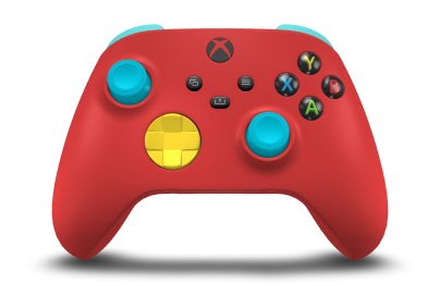 Controller with Pulse Red body, Lighting Yellow D-pad, and Dragonfly Blue thumbsticks - front view