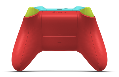 Controller with Pulse Red body, Lighting Yellow D-pad, and Dragonfly Blue thumbsticks - back view