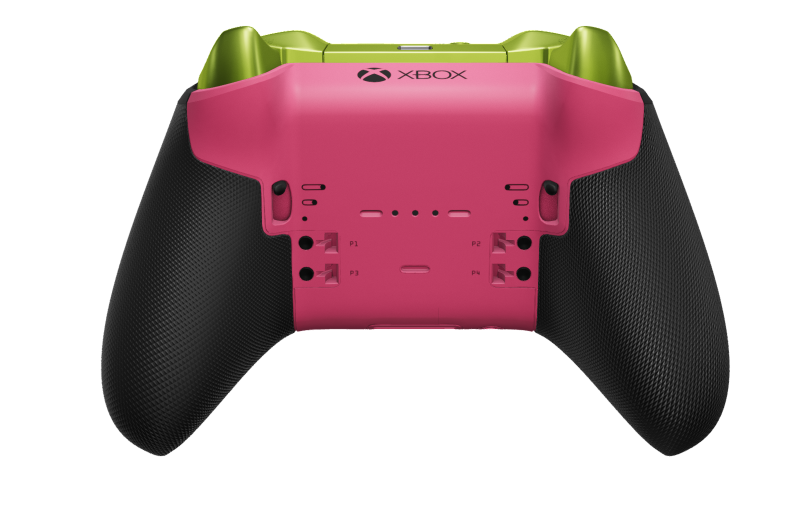 Xbox Elite Wireless Controller Series 2 – Core - Runko: Deep Pink + kumipintaiset kahvat, Suuntapainike Hybridimallin D-alusta: Viistetty, syvä vaaleanpunainen (metalli), Takaisin: Deep Pink + kumipintaiset kahvat