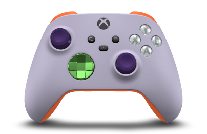 Controller with Soft Purple body, Velocity Green (Metallic) D-pad, and Astral Purple thumbsticks - front view