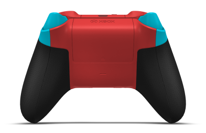 Controller with Dragonfly Blue body, Dragonfly Blue D-pad, and Pulse Red thumbsticks - back view