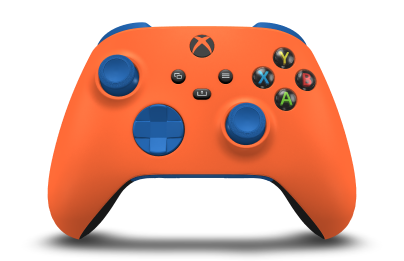 Controller with Zest Orange body, Shock Blue D-pad, and Shock Blue thumbsticks - front view