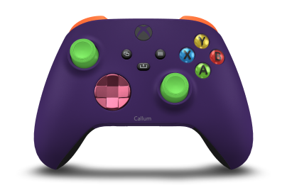 Controller with Astral Purple body, Deep Pink (Metallic) D-pad, and Velocity Green thumbsticks - front view