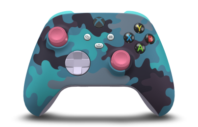 Controller with Mineral Camo body, Soft Purple D-pad, and Deep Pink thumbsticks - front view