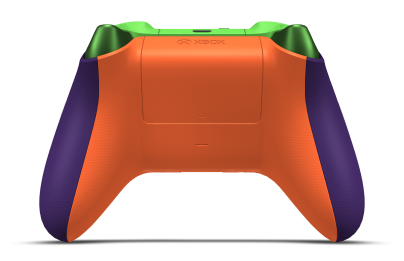 Ovladač s Astrální purpurová tělem, Energická oranžová (kovová) řídicím křížem a Rychlá zelená palcovými ovladači — pohled zezadu