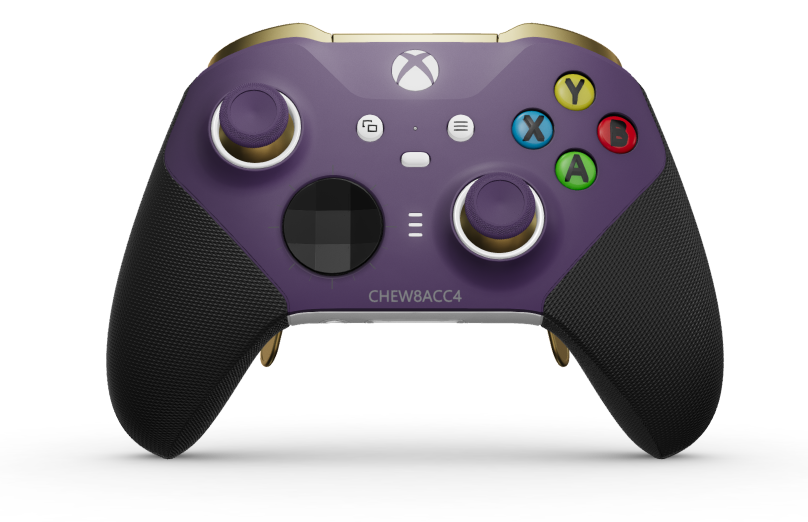 Xbox Elite Wireless Controller Series 2 – Core - Text: Astral Purple + gummierte Griffe, D-Pad: Facettiert, Carbon Black (Metall), Zurück: Robot White + gummierte Griffe