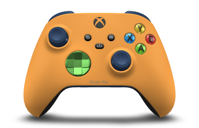 Controller with Soft Orange body, Velocity Green (Metallic) D-pad, and Midnight Blue thumbsticks - front view