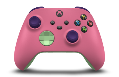 Controller with Deep Pink body, Soft Green D-pad, and Astral Purple thumbsticks - front view