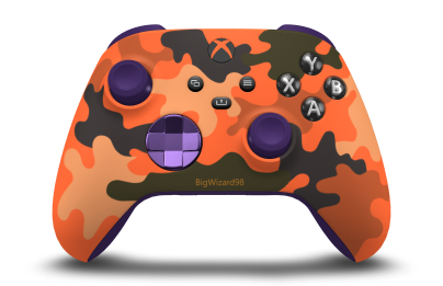 Controller with Blaze Camo body, Astral Purple (Metallic) D-pad, and Astral Purple thumbsticks - front view