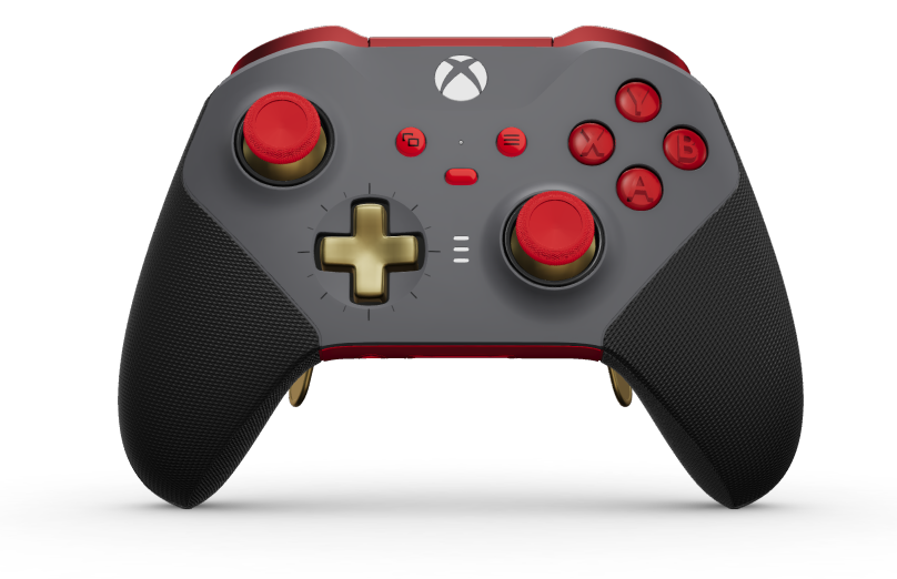 Xbox Elite Wireless Controller Series 2 – Core - Vorderseite: Storm Gray + gummierte Griffe, D-Pad: Kreuz, Hero Gold (Metallic), Rückseite: Pulse Red + gummierte Griffe