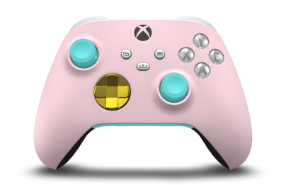 Controller with Soft Pink body, Lightning Yellow (Metallic) D-pad, and Glacier Blue thumbsticks - front view