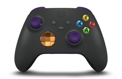 Controller with Carbon Black body, Soft Orange (Metallic) D-pad, and Astral Purple thumbsticks - front view