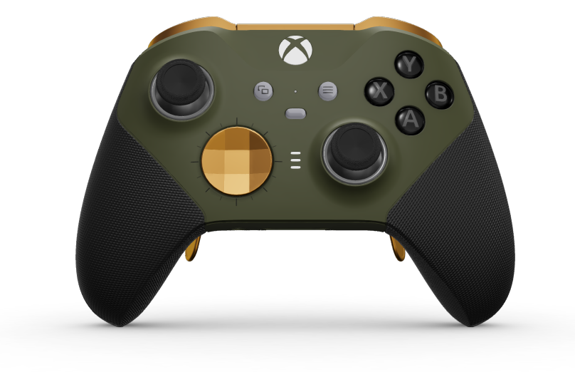 Xbox Elite Wireless Controller Series 2 - Core - 몸체: 녹터널 그린 + 고무 코팅 그립, 방향 패드: 패싯, 소프트 오렌지(메탈), 뒤로: 녹터널 그린 + 고무 코팅 그립