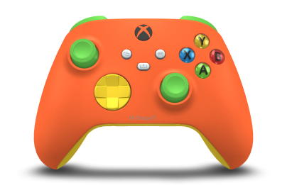 Controller with Zest Orange body, Lighting Yellow D-pad, and Velocity Green thumbsticks - front view