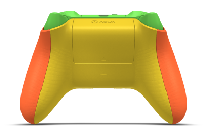 Controller with Zest Orange body, Lighting Yellow D-pad, and Velocity Green thumbsticks - back view