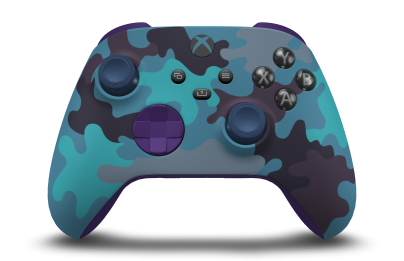 Xbox 無線控制器 - Corpo: Camuflagem mineral, Botões Direcionais: Roxo Astral, Manípulos Analógicos: Azul Noturno