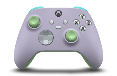 Controller with Soft Purple body, Ash Grey D-pad, and Soft Green thumbsticks - front view