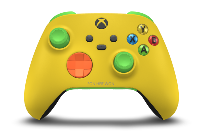 Xbox 무선 컨트롤러 - Hoofdtekst: Lighting Yellow, D-Pads: Zest-oranje, Duimsticks: Velocity-groen
