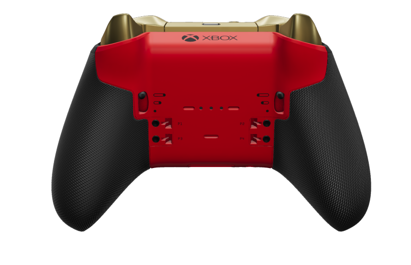 Xbox Elite Wireless Controller Series 2 - Core - Runko: Pulse Red + kumipintaiset kahvat, Suuntapainike Hybridimallin D-alusta: Viistetty, Hero Gold (metalli), Takaisin: Pulse Red + kumipintaiset kahvat