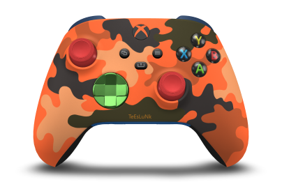 Controller with Blaze Camo body, Velocity Green (Metallic) D-pad, and Pulse Red thumbsticks - front view