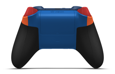 Controller with Blaze Camo body, Velocity Green (Metallic) D-pad, and Pulse Red thumbsticks - back view