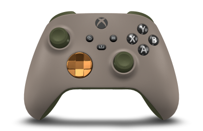 Controller with Desert Tan body, Soft Orange (Metallic) D-pad, and Nocturnal Green thumbsticks - front view