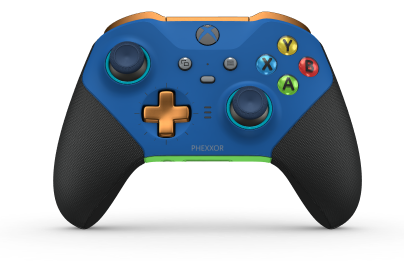 Xbox Elite Wireless Controller Series 2 – Core - Framsida: Shock Blue + gummerat grepp, Styrknapp: Kors, Ljusorange (Metall), Baksida: Velocity Green + gummerat grepp
