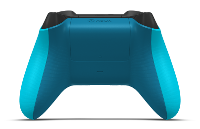 Controller with Dragonfly Blue body, Glacier Blue (Metallic) D-pad, and Carbon Black thumbsticks - back view