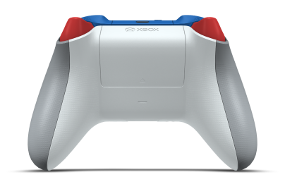 Controller with Ash Grey body, Shock Blue D-pad, and Pulse Red thumbsticks - back view