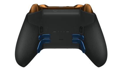 Bezprzewodowy kontroler Xbox Elite Series 2 — Core - Behuizing voorzijde: Shockblauw + rubberen handvatten, D-pad: Facet, Soft Orange (Metal), Behuizing achterzijde: Carbonzwart + rubberen handvatten