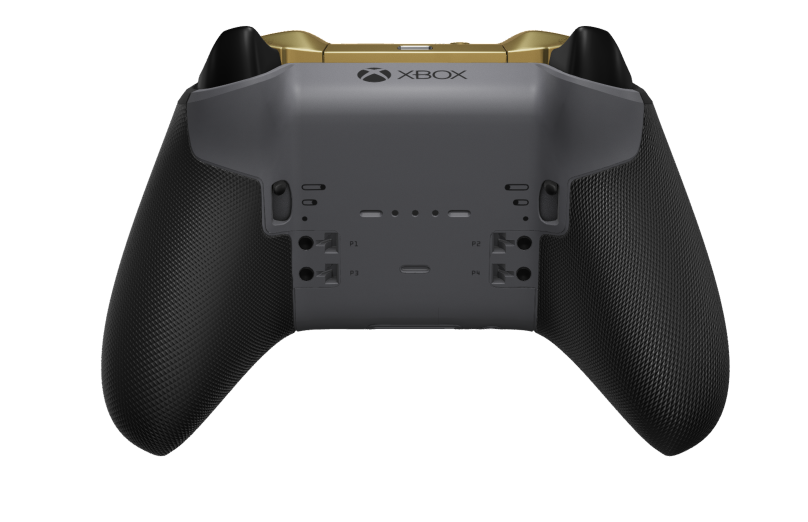 Xbox Elite Wireless Controller Series 2 - Core - Runko: Garnet Red + kumipintaiset kahvat, Suuntapainike Hybridimallin D-alusta: Risti, Hero Gold (metalli), Takaisin: Storm Gray + kumipintaiset kahvat