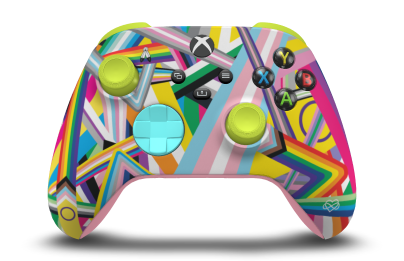 Controller with Pride body, Glacier Blue D-pad, and Electric Volt thumbsticks - front view