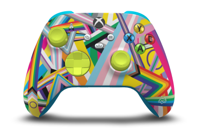 Controller with Pride body, Electric Volt D-pad, and Electric Volt thumbsticks - front view