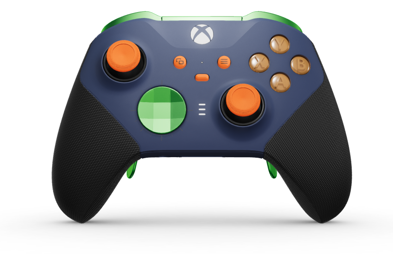 Xbox Elite Wireless Controller Series 2 - Core - Runko: Midnight Blue + kumipintaiset kahvat, Suuntapainike Hybridimallin D-alusta: Viistetty, vauhdikas vihreä (metalli), Takaisin: Midnight Blue + kumipintaiset kahvat