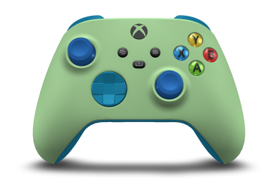 Controller with Soft Green body, Mineral Blue D-pad, and Shock Blue thumbsticks - front view