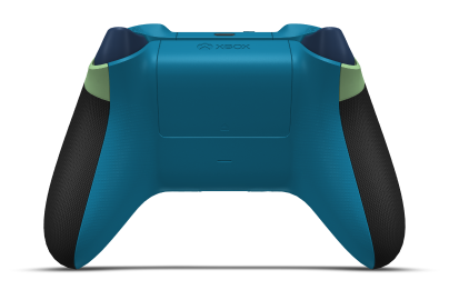 Controller with Soft Green body, Mineral Blue D-pad, and Shock Blue thumbsticks - back view