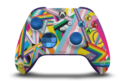 Controller with Pride body, Photon Blue (Metallic) D-pad, and Shock Blue thumbsticks - front view