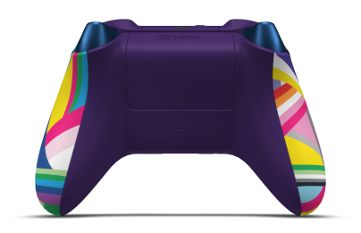 Controller with Pride body, Photon Blue (Metallic) D-pad, and Shock Blue thumbsticks - back view