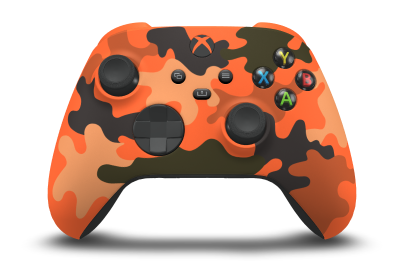 Controller with Blaze Camo body, Carbon Black D-pad, and Carbon Black thumbsticks - front view