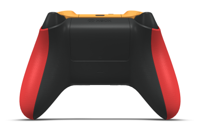 Controller with Pulse Red body, Soft Orange D-pad, and Carbon Black thumbsticks - back view