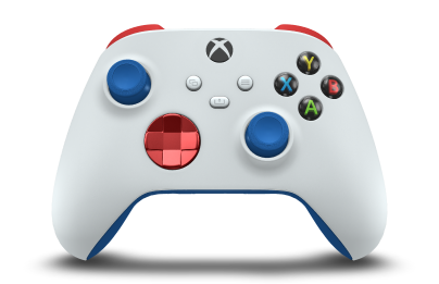 Controller with Robot White body, Oxide Red (Metallic) D-pad, and Shock Blue thumbsticks - front view