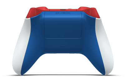 Controller with Robot White body, Oxide Red (Metallic) D-pad, and Shock Blue thumbsticks - back view