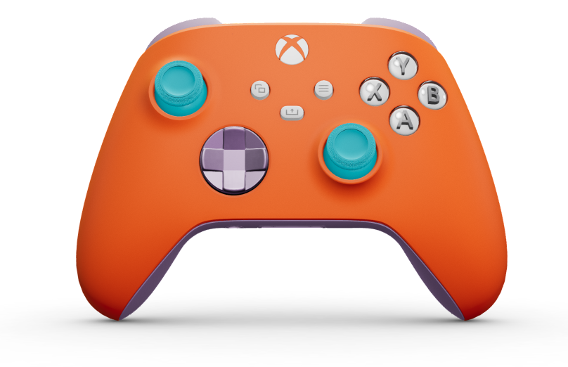 Xbox Wireless Controller - Text: Orangenschale, Steuerkreuze: Weiches Lila (Metallic), Analogsticks: Libellenblau