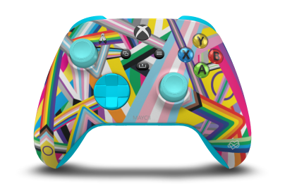 Controller with Pride body, Dragonfly Blue D-pad, and Glacier Blue thumbsticks - front view