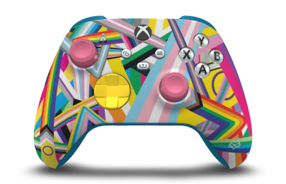 Controller with Pride body, Lighting Yellow D-pad, and Deep Pink thumbsticks - front view