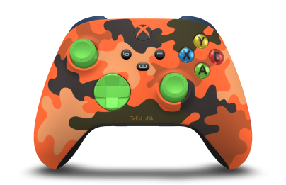 Controller with Blaze Camo body, Velocity Green D-pad, and Velocity Green thumbsticks - front view