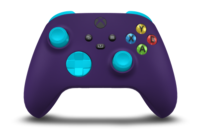 Controller with Astral Purple body, Dragonfly Blue D-pad, and Dragonfly Blue thumbsticks - front view