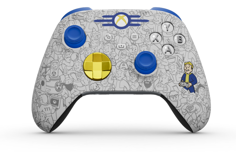 Xbox Wireless Controller - 機身: Fallout, 方向鍵: 亮黃色 (金屬), 搖桿: 衝擊藍