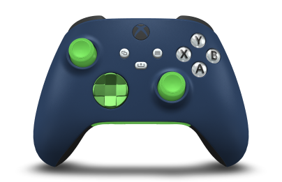 Controller with Midnight Blue body, Velocity Green (Metallic) D-pad, and Velocity Green thumbsticks - front view